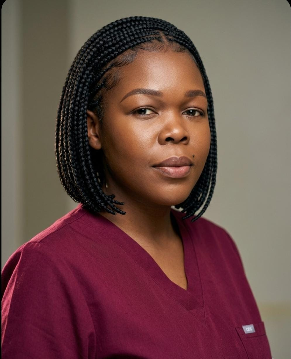 Portrait of Grace, Senior Care Specialist and founder of Graceful Hands Care, wearing professional maroon scrubs