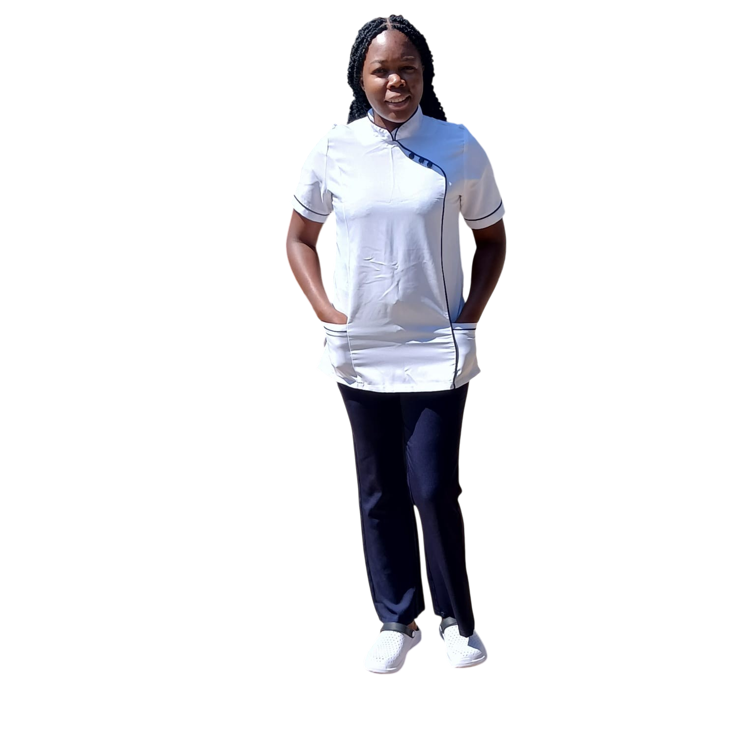 Portrait of Grace, Senior Care Specialist and founder of Graceful Hands Care, in her professional white tunic