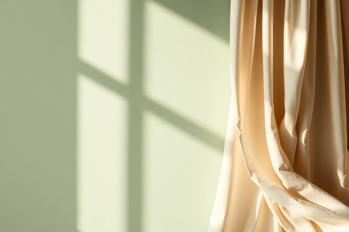 Soft cream linen drapes catching afternoon light against a sage green wall